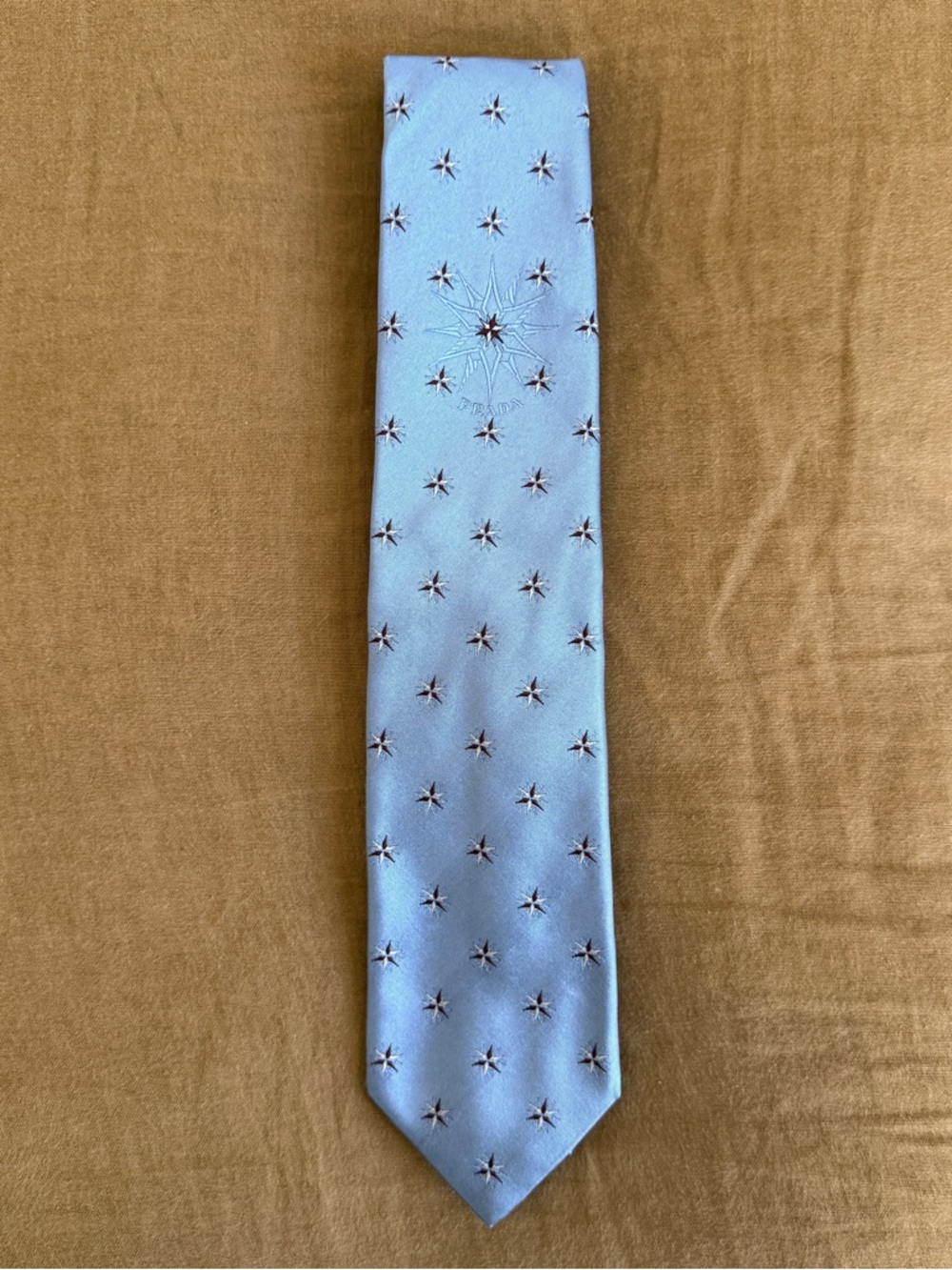 Light Blue Star Motif Prada Silk Tie
